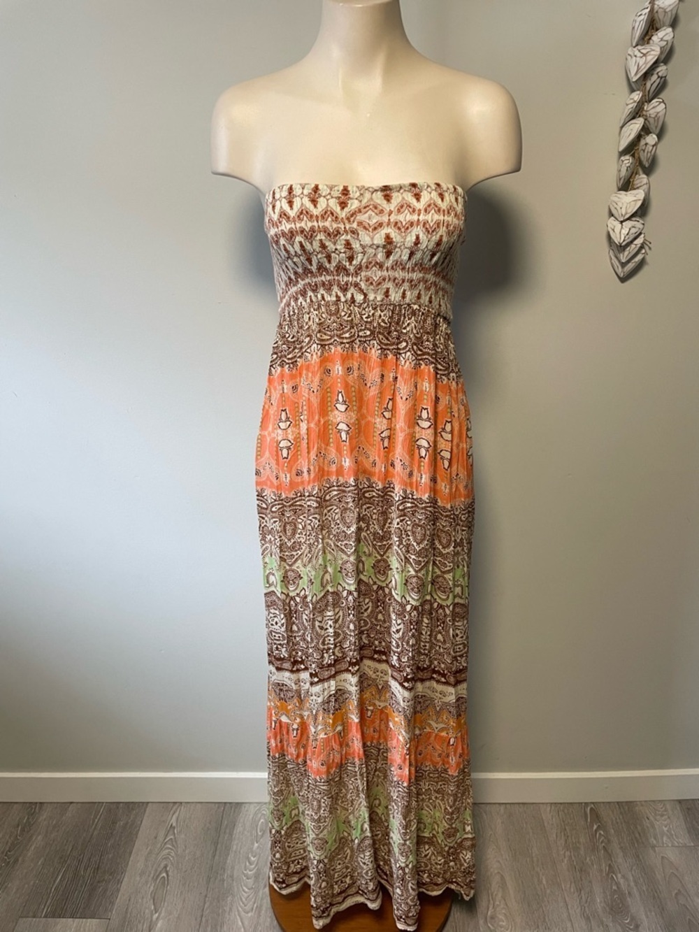 Y2K Vintage Boho Ornamental Smocked Strapless Maxi Dress Festival Hippie